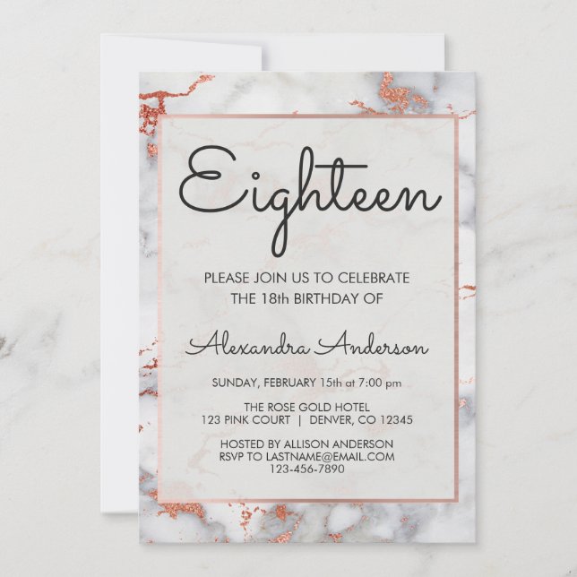 Rose Gold Marble 18th Birthday Party Invitation (Front)