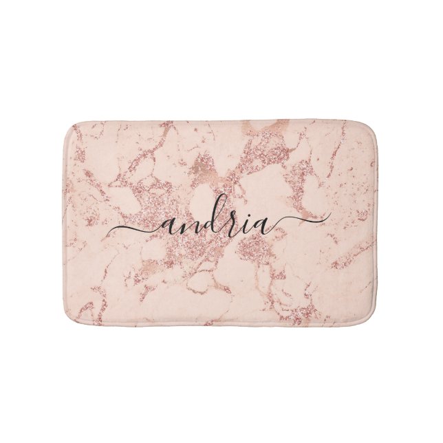 Rose Gold Marble 8, Glitter, Black Script Name Bath Mat (Front)