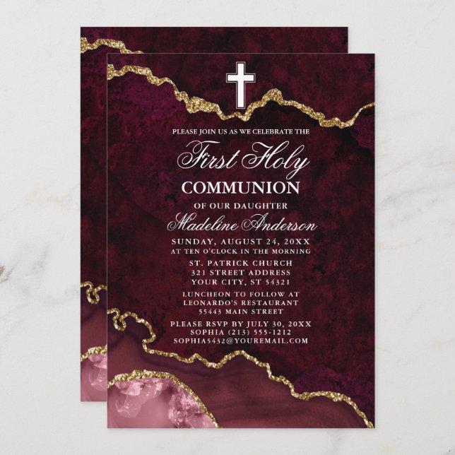 Rose Gold Marble Agate Geode First Holy Communion Invitation (Front/Back)