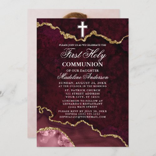 Rose Gold Marble Agate Geode Photo First Communion Invitation