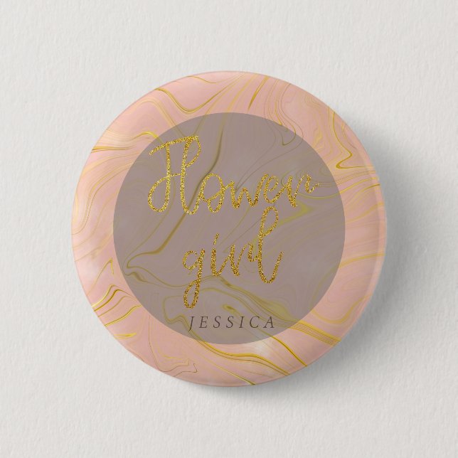 Rose Gold Marble Agate Glitter Flower Girl Button (Front)