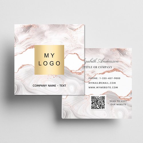 Rose gold marble agate logo QR code elegant  Square Business Card