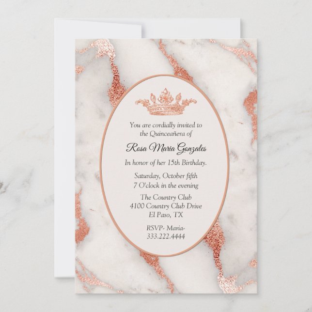 Rose Gold Marble and Crown Quinceañera  Invitation (Front)