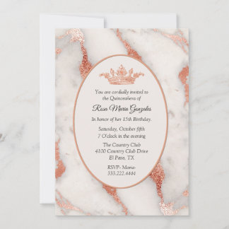 Rose Gold Marble and Crown Quinceañera Invitation