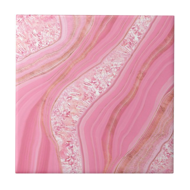 Rose Gold marble and Crystals Digital Art Ceramic Tile (Front)