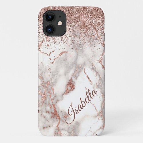Rose Gold Marble and Glitter Personalized Add Name iPhone 11 Case