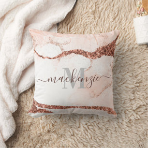 Rose Gold Marble and Glitter Throw Pillow