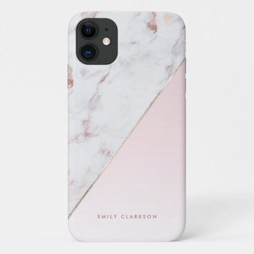 Rose Gold Marble and Pink Color Block Personalized iPhone 11 Case