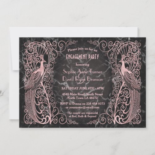 Rose Gold Marble Art Deco Peacock Engagement Party Invitation