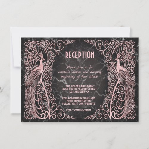 Rose Gold Marble Art Deco Peacocks Reception Invitation