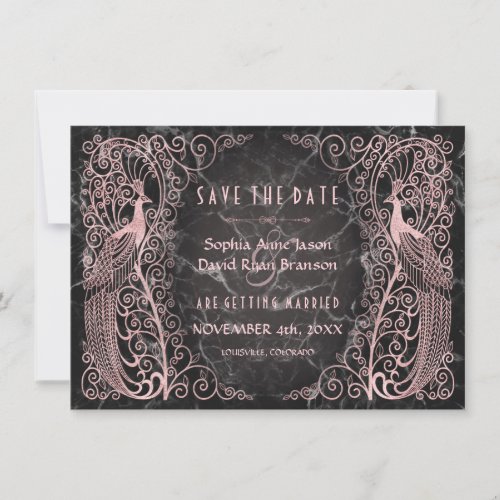 Rose Gold Marble Art Deco Peacocks Save The Date