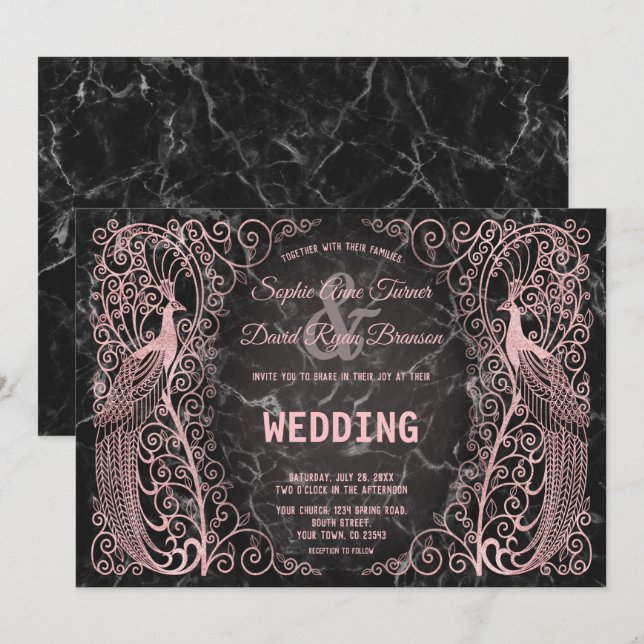 Rose Gold Marble Art Deco Peacocks Wedding Invite (Front/Back)