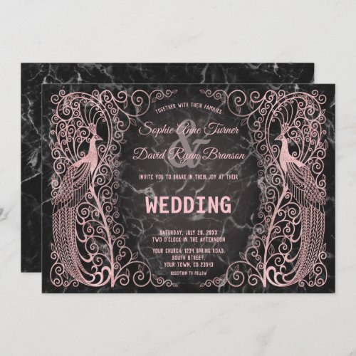 Rose Gold Marble Art Deco Peacocks Wedding Invite