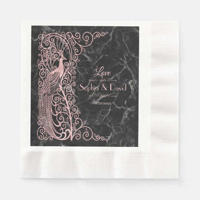 Rose Gold Marble Art Deco Peacocks Wedding Paper Napkins (Front)