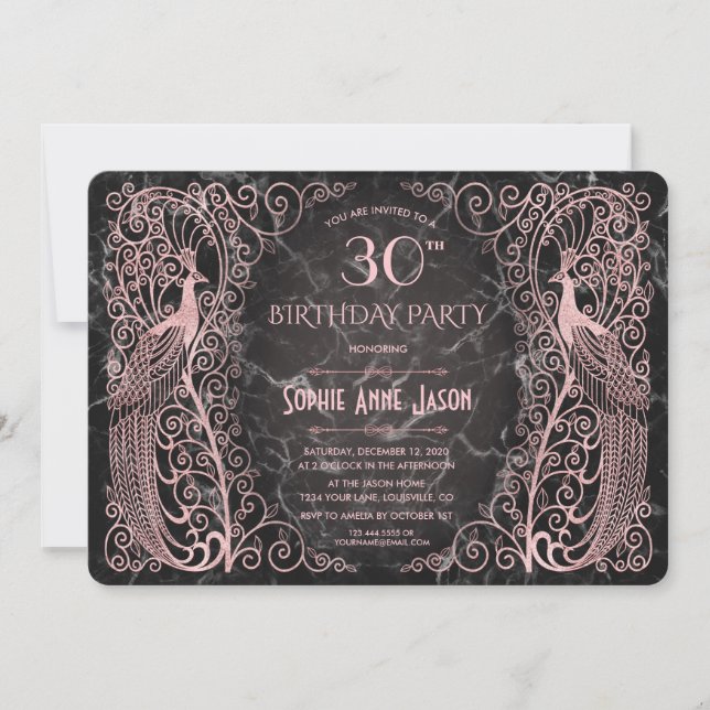 Rose Gold Marble Art Peacocks 30th Birthday Party Invitation (Front)