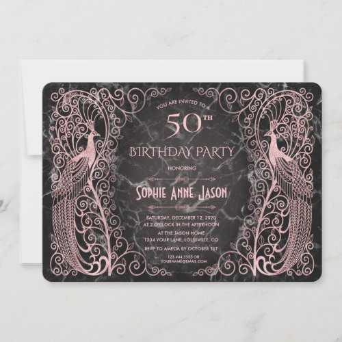 Rose Gold Marble Art Peacocks 50th Birthday Party Invitation