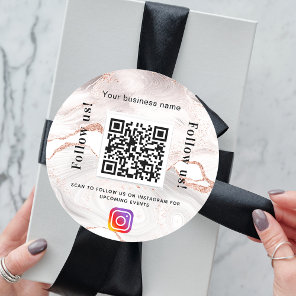 Rose gold marble business name qr code instagram classic round sticker