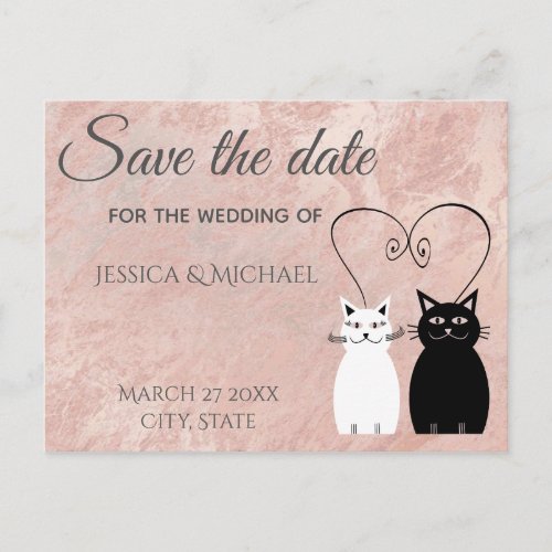 Rose gold marble cartoon cats save the date announcement postcard