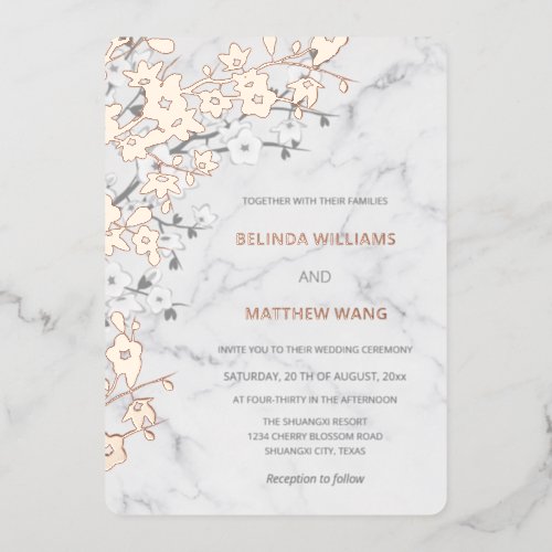 Rose Gold Marble  Cherry Blossom Wedding Foil Invitation