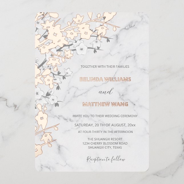 Rose Gold Marble | Cherry Blossom Wedding Foil Invitation (Front)