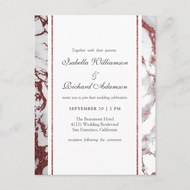 Rose Gold Marble Classic Typography Wedding Invitation Postcard (Front)