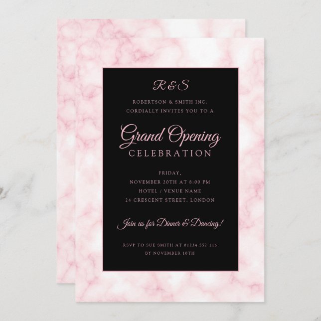Rose Gold Marble Corporate Grand Opening Black  Invitation (Front/Back)