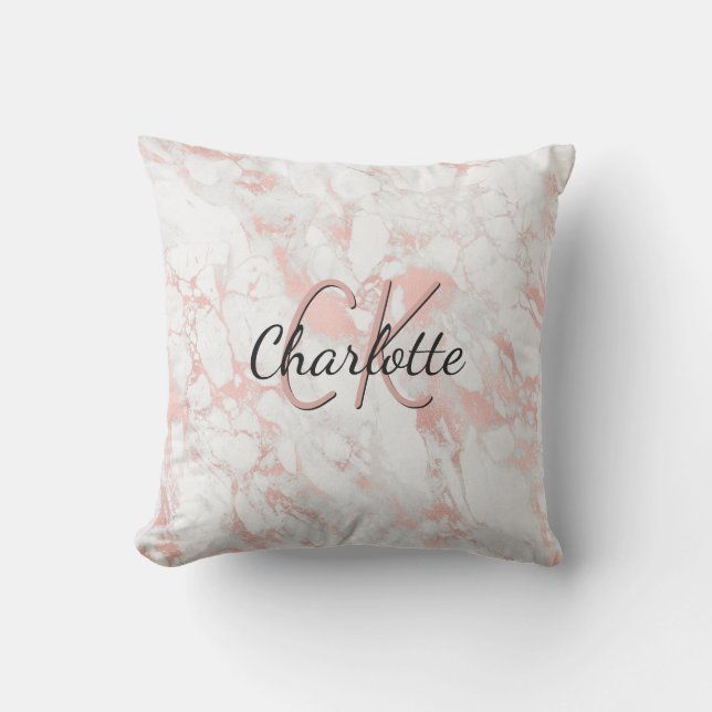 Rose gold marble custom monogram name outdoor pillow (Front)