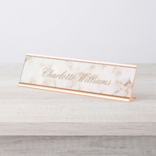 Rose gold marble elegant script desk name plate
