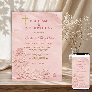  Rose Gold Marble Faux Embossed Baptism Birthday Invitation