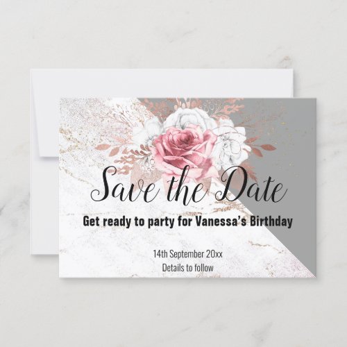 ROSE GOLD MARBLE FLORAL BLUSH PINK SAVE THE DATE RSVP CARD