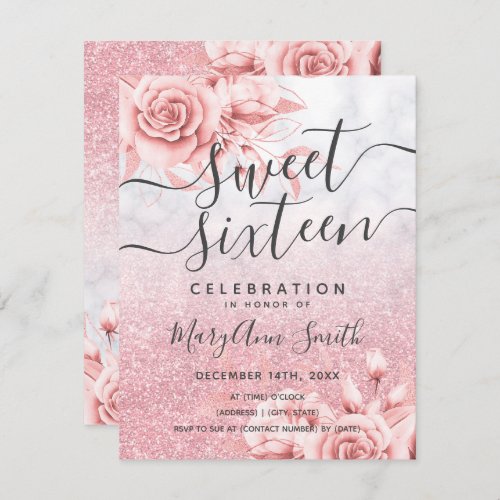 Rose Gold Marble Floral Glitter Sweet 16 Birthday Invitation