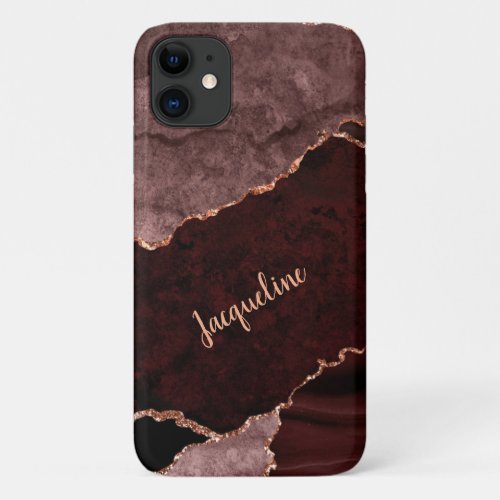 Rose Gold Marble Geode Burgundy Pink Modern Name iPhone 11 Case