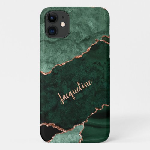 Rose Gold Marble Geode Mint Emerald Modern Name iPhone 11 Case