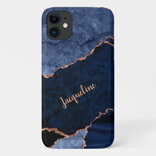 Rose Gold Marble Geode Navy Dusty Blue Modern Name iPhone 11 Case