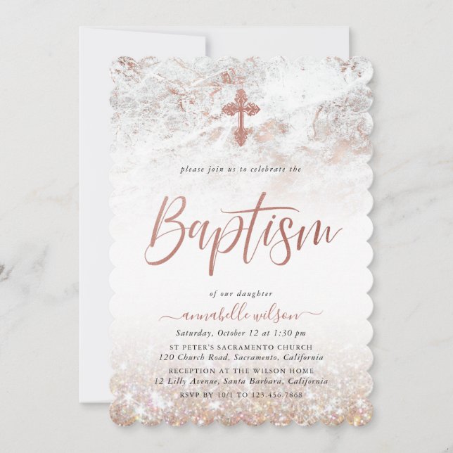 Rose Gold Marble Girl Baptism Invitation (Front)