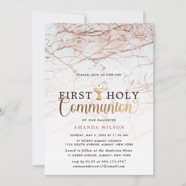 Rose Gold Marble Girl First Holy Communion Invitation (Front)