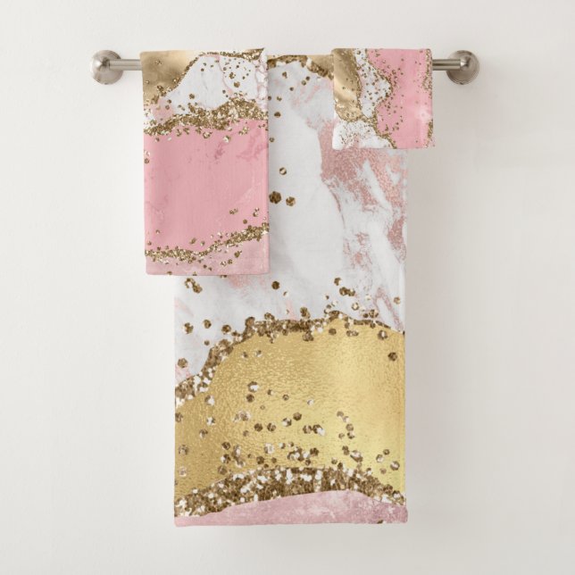 Rose Gold Marble Glitter Agate Bath Towel Set (Insitu)