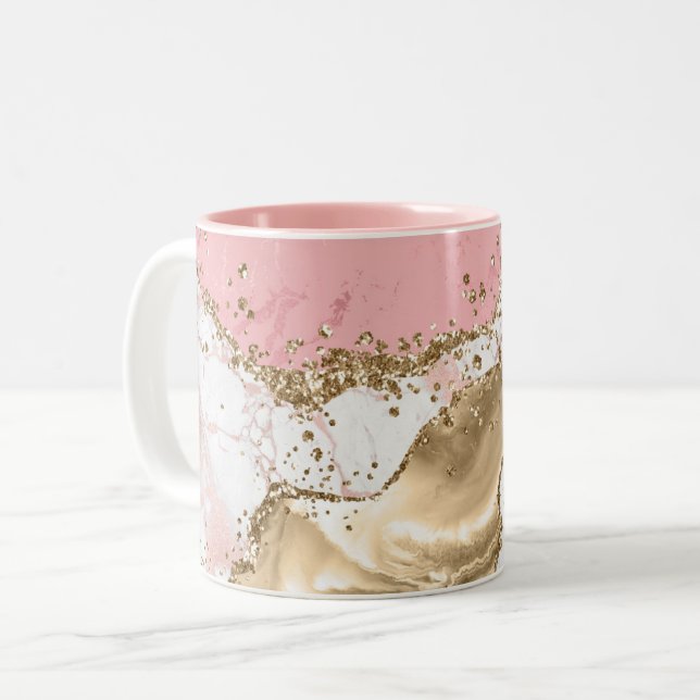 Rose Gold Marble Glitter Agate Two-Tone Coffee Mug (Front Left)