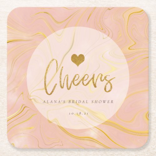 Rose Gold Marble Glitter Bridal Shower Square Paper Coaster