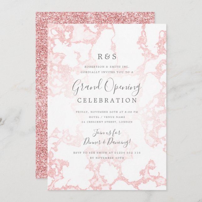 Rose Gold Marble Glitter Corporate Grand Opening  Invitation (Front/Back)