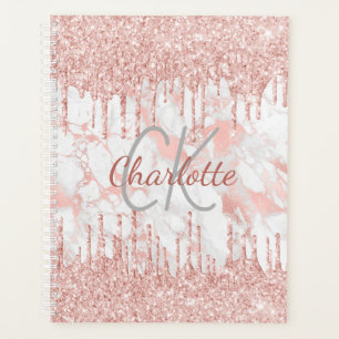 Rose gold marble glitter drips monogram name planner