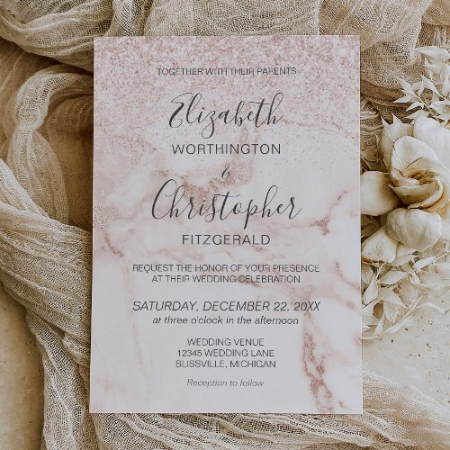 Rose Gold Marble Glitter Elegant Wedding Invitation