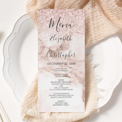 Rose Gold Marble Glitter Elegant Wedding Menu