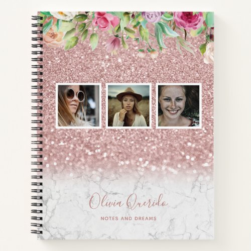 Rose Gold Marble Glitter Floral Name Photo Collage Notebook