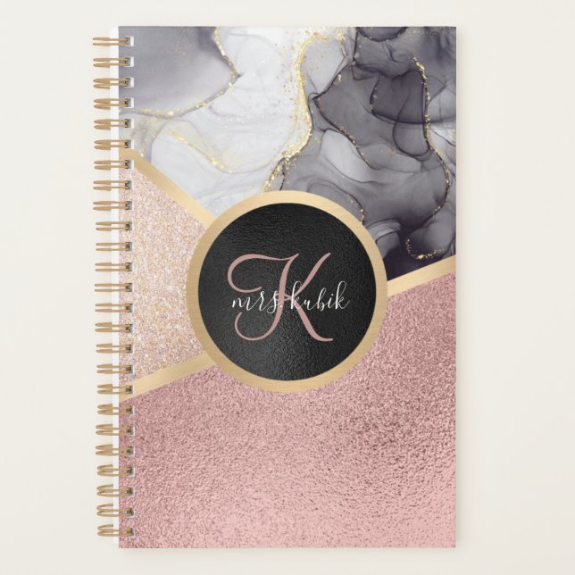 Rose Gold Marble Glitter Monogram Teacher Planner (Front)