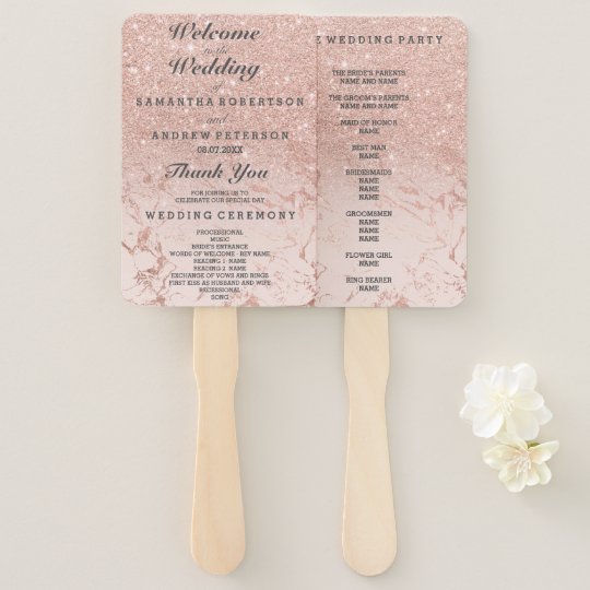 Rose Gold Marble Glitter Ombre Wedding Program Hand Fan Zazzle Com