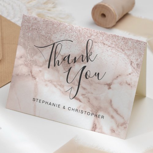 Rose Gold Marble Glitter Ombre Wedding Thank You Card