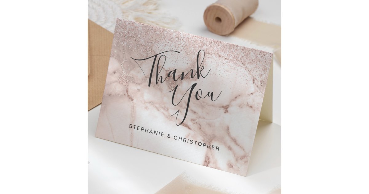 Rose Gold Marble Glitter Ombre Wedding Thank You Card | Zazzle