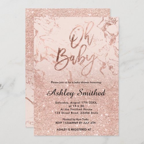 Rose gold marble glitter pink ombre Oh baby shower Invitation