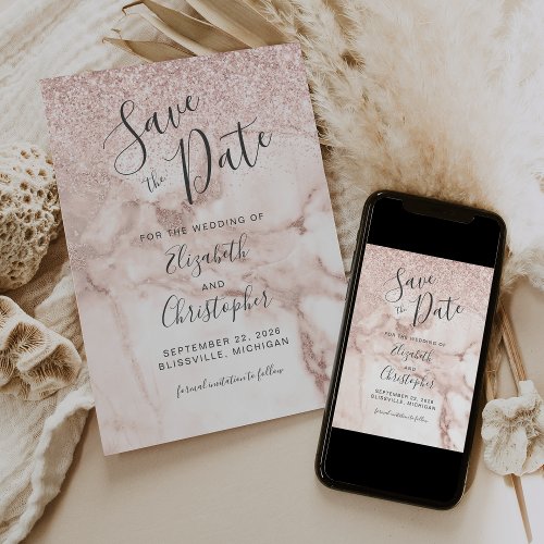 Rose Gold Marble Glitter Wedding Save the Date Invitation